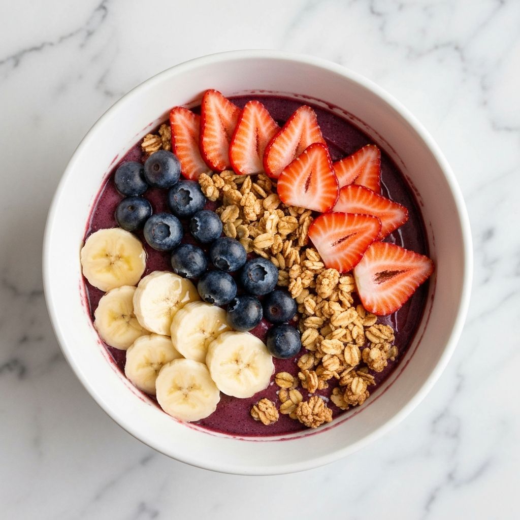 Colourful acai bowl with fresh berries, banana, granola and honey on a marble surface