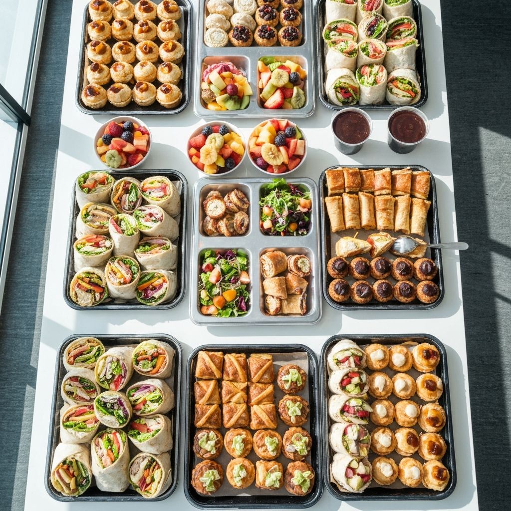 Office catering spread of fresh wraps, salads, fruit bowls and pastries on a long table