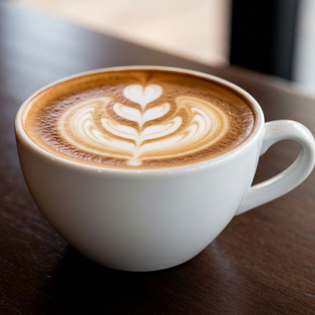A perfectly poured cappuccino with latte art in a white ceramic cup