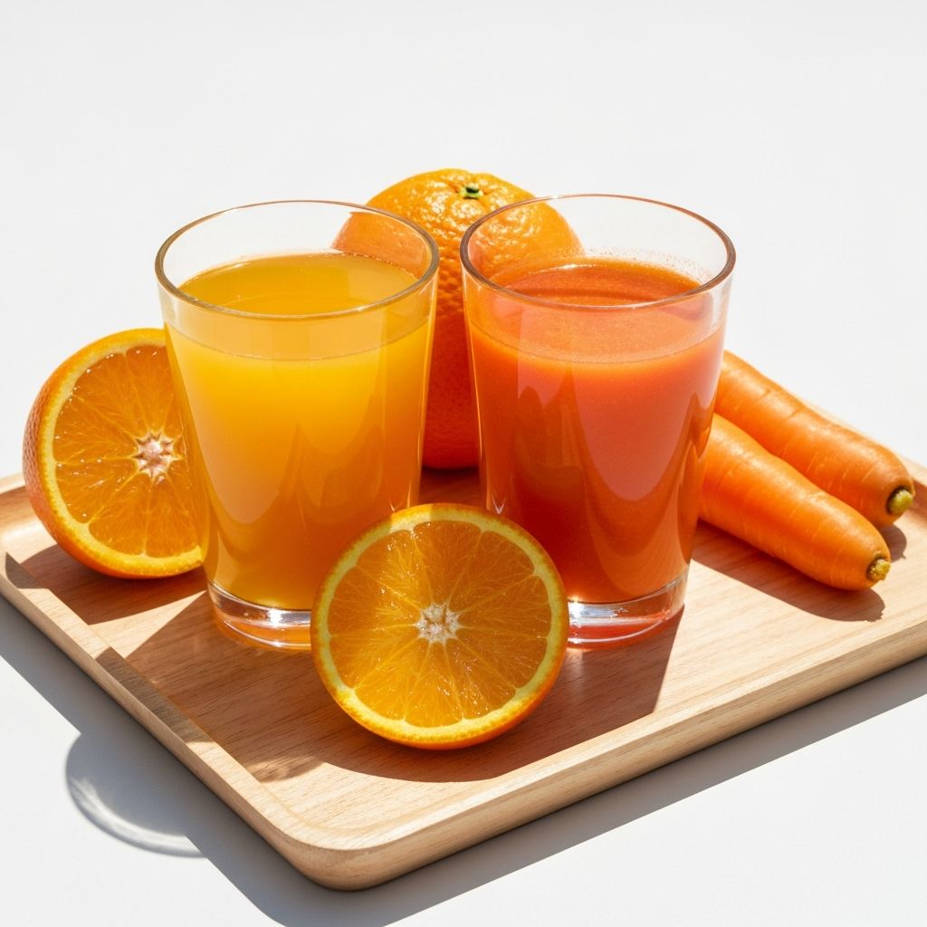 Fresh-pressed orange juice and carrot juice in clear glasses with sliced fruit