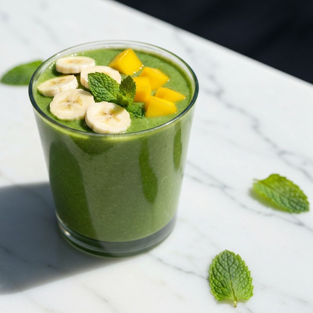 A vibrant green smoothie on a white marble café counter representing the Blacktown location