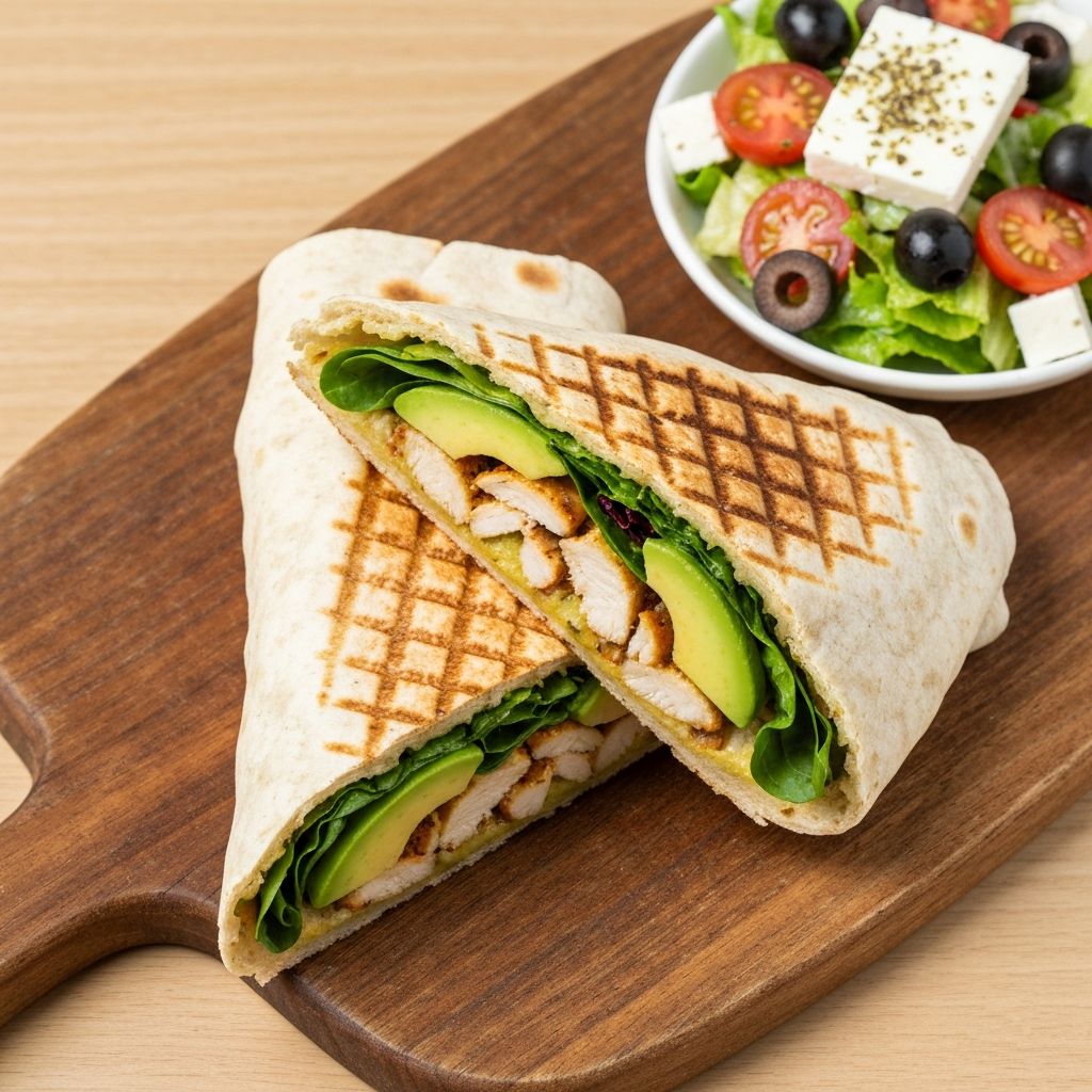 Toasted chicken avocado wrap on stone-baked bread sliced diagonally with a Greek salad